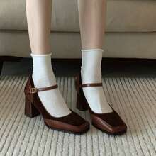 Empalme retro francés de zapatos raros de Mary de boca clara marrones, zapatos de mujer abrochados con tacones altos, zapatos de mujer gruesos, Zapatos de tacón de mujer - Marrón - Ver 4
