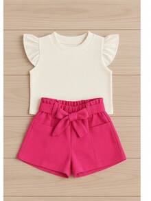 Children's Set Cropped Frufru Blouse + Linen Clochard Shorts Kit With 2 Super Stylish Pieces CJI033 - Merah Muda dan Mati - View 2