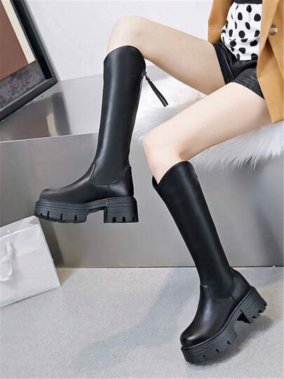 2025 Autumn/Winter New Black Thigh High Boots For Women, Thick Sole Chunky Heel Tall Shaft Wide Calf Knee High Riding Boots