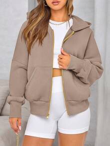 Women Casual Zipper Hoodie Long Sleeve Sweatshirt Y2K Hooded Jacket Fall Autumn Winter Going Out Clothes - Màu xám kaki - Xem 5