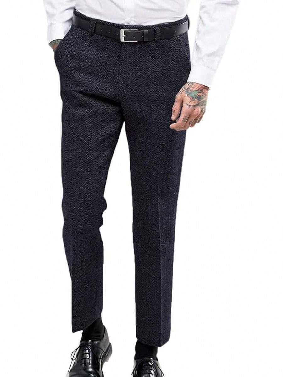 Men's Retro Dress Suit Pants Thick Wool Flat Front Herringbone Tweed Trousers-2025 - 海軍 - 查看 1