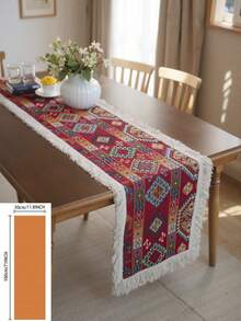 1 Stück amerikanischer Stil buntes Rautenmuster Bauernhaus Makramee Quaste Tischläufer, handgefertigter gewebter dekorativer Tischläufer für Feiertage, Partys, Picknicks, Paarfotos, Boho Dekoration