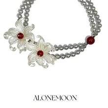 Flower On Neck ~ Special-Interest Design Iris Tectorum Flower Silver Pearl Necklace Men's And Women's Same Choker Clavicle Chain - Thánh giá ngọc trai #XL188 - Xem 5