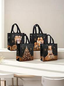 12 pungi de cadouri festive de Crăciun - model cu om de zăpadă, brad și șosetă, negre și aurii cu mânere, genți tote nețesute pentru petreceri de sărbători, pungi de cadouri de Crăciun