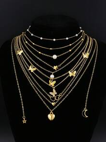 11/10/4pcs Fashionable Minimalist Gold Butterfly, Heart, Cross, Star, Moon, Faux Pearl Multi-Layer Necklace Set, Women's Birthday, Vacation, Party, Christmas Gift, Match With Daily Outfits, Party Accessories - 金黃色 - 查看 2