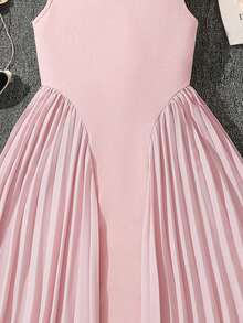 Left Mama Girls' Elegant Stand Collar Sleeveless Pleated Dress, Summer - Pink - View 5