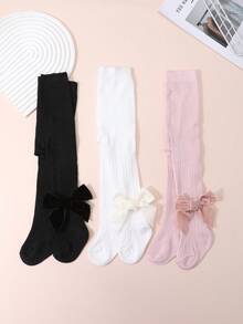 3 pary rajstop dla dziewczynek z kokardką, podstawowe dopasowanie dla dzieci w wieku 0-3 lat