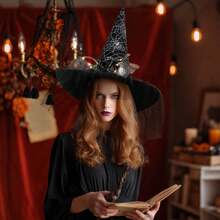 1pc Witch Hats With Lights Halloween Adult And Teens Women's Large Witches Hat Costume Accessories For Party Cosplay Sorcerer Cap For Festival Party Masquerade For Halloween Party Decorations, Witch Hat For Women - 黑色(蝴蝶結) - 查看 7