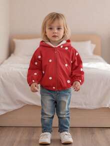 Abrigo con capucha rojo de manga larga con cremallera y estampado de fresas para niñas pequeñas. - Rojo - Ver 4