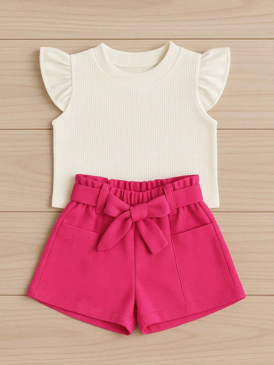 Children's Set Cropped Frufru Blouse + Linen Clochard Shorts Kit With 2 Super Stylish Pieces CJI033 - Merah Muda dan Mati - View 1