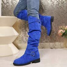 Women's Pointed Toe Chunky Heel Over The Knee Boots, Ladies Leather High Boots With Side Zipper For Autumn And Winter, Sexy Classic Knee High Boots In Black - 藍色 - 查看 4