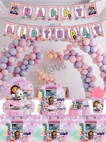 Temática de Gabby's Dollhouse - Vajilla desechable y artículos decorativos para fiestas, platos de papel de 7 pulgadas/9 pulgadas, vasos de papel, pañuelos, manteles, pancartas, adecuados para decoración de fiestas de cumpleaños y lugares de comida, decoración de fiestas y lugares de comida, amigos y familiares que aman la decoración de fiestas y reuniones de Gabby - Multicolor - Ver 3