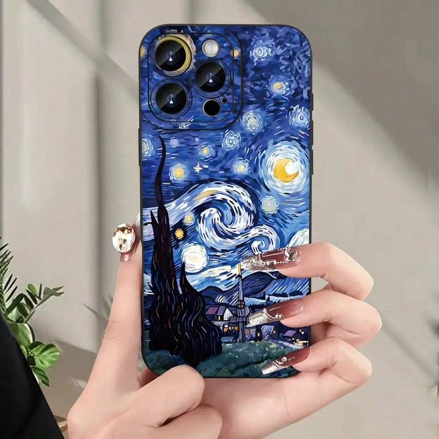 Funda de Teléfono con Patrón de Luz Estelar Mate Ojo de Ángel Compatible con iPhone 17 Air/16/15/14/13/12/11 Pro Max 14/15 Plus 12/13 Mini, Adecuada para Hombres y Mujeres, Simple y Personalizada, Protección a Prueba de Golpes - Negro - Ver 1