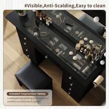 FUSOU Vanity Desk With Mirror & 12 LED Lights, Makeup Table With Power Outlet, 9 Drawers, Glass Top & Fold-Up Panel, White Dressing Table For Bedroom - Black - View 8