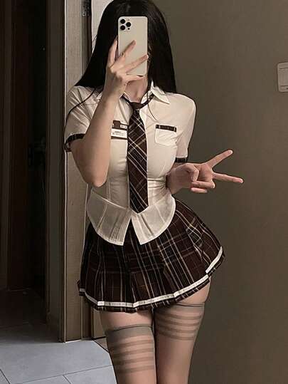 Sexy Lingerie Outfit, Plaid Skirt Roleplay Costume, Student Uniform Cosplay Seductive JK Skirt, Valentine's Day & New Year Gift