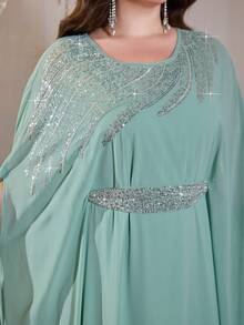 Plus Size Women's Solid Color Sequin Decor Belted Round Neck Elegant Long Arabic Abaya Summer - Green - View 8