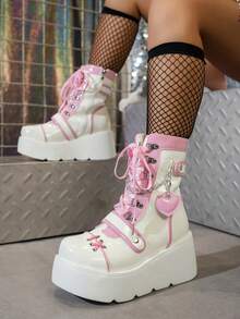 Botas casuales blancas con plataforma y cremallera lateral, estilo punk para mujer, otoño/invierno 2026. Botas cortas elevadoras versátiles para deportes al aire libre, adecuadas para eventos, fiestas, vacaciones, viajes diarios y uso diario, perfectas para el Día de la Madre - Blanco - Ver 14