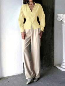 JZXFS Fall Women Clothes Casual Office Simple Solid Color Tight Long Sleeve Shirt Spring - Light Yellow - View 5
