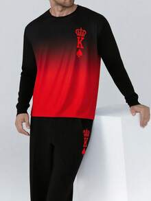 مجموعة ملابس نوم للرجال كبار الحجم 2 قطعة، طباعة تاج وبطاقة لعب قلب، ملابس منزلية كاجوال، ملابس علوية رقبة طاقم مع جيب وبنطلون طويل، مناسبة للربيع والخريف والشتاء