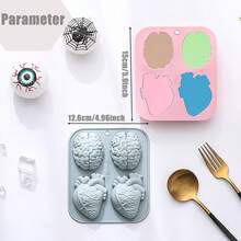 Gehirn Herz Halloween Schokoladen Bonbon Silikon Formen, 4 Löcher 3D Gehirn Herz Form Schokoladen Seife Formen, DIY Kekse Bonbons Gummibärchen Schokoladen Formen Eiswürfelbehälter