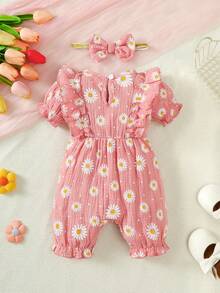 2pcs Cute Baby Girls Summer Heart Reversible Bow Romper + Headband Set - Dusty Pink - View 7