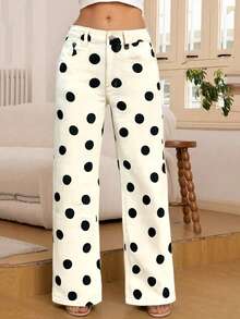 Pantalones rectos con bolsillo delantero elástico a lunares en estilo retro dulce y nuevo - Multicolor - Ver 4