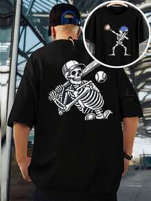 Polo da baseball con scheletro, t-shirt da uomo con stampa fronte-retro, scollo rotondo casual alla moda, puro cotone 220 g/m² (1 pezzo)