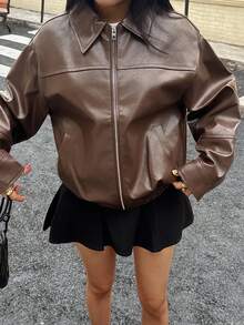 DEEKA Women's Fashion Minimalist Turndown Collar Long Sleeve Faux Leather Bomber Jacket, Autumn/Winter