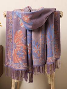 1 件女士秋冬仿羊绒花卉提花时尚百搭空调披肩开衫，厚实保暖，适合日常使用，斗篷围巾流苏厚实保暖女士围脖 - 彩色 - 查看 14