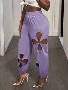 Women's Sexy Drawstring Waist O-Ring Detail Casual Ripped Pants Everyday Wear,Women's Casual Sports Pants,High-Stretch Plum Blossom Ripped Hollowed Out Sweatpants Women Fashion Casual Pants- Soft, Solid Color, Machine Washable, Perfect For All Seasons - Màu tím - Xem 1