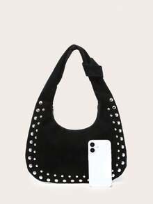 Women's Crescent-Shaped Shoulder Bag, Solid Color Suede, Large Capacity, Rivet Decor, Vintage Versatile Commuter Style Shoulder Bag, Suitable For Outings - Black - View 2