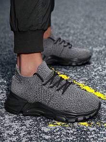 Men's Gray Knit Sneakers With Chunky Black Sole - Breathable Comfort For Urban Everyday Style, Year-Round Shoes For Men​ - 彩色 - 查看 3