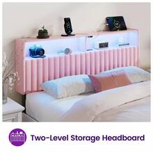 Headboard With Charging Station And Smart RGB LED Light, Full Bed Upholstered Head Board With Storage Shelves, Sturdy And Solid Headboards For Bedroom, Guest Room And Dorm - US A Type Plug(110-127V) - View 7