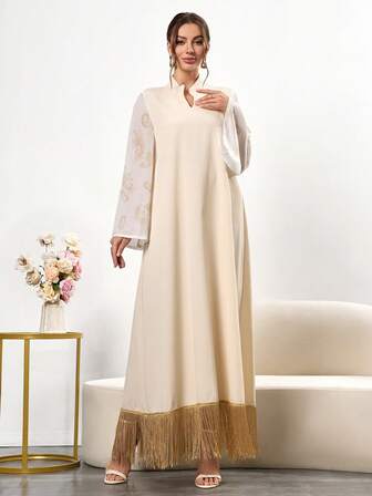 Elegant långklänning med fransar i chiffong och lapptäcke för kvinnor, vardagskläder för vår och höst