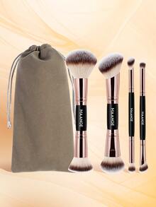 MAANGE 4支装专业双头化妆刷套装，包含1个天鹅绒收纳袋，包括散粉刷、腮红刷、粉底刷、修容刷、眼影刷、眉刷、眼线刷和晕染刷。刷毛柔软，便携易用，是旅行化妆的理想之选。送给女性和女孩的绝佳礼物。赠品、专业化妆刷、全套化妆刷套装 - 黑色 - 查看 9