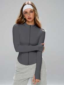 FWH Veste de sport à manches longues pour femmes, de style mode, col montant, pour le running, le yoga, l'exercice et le style casual. Tissu confortable et extensible, avec une taille affinée visuellement. Polyvalente et jeune, offrant une protection solaire.