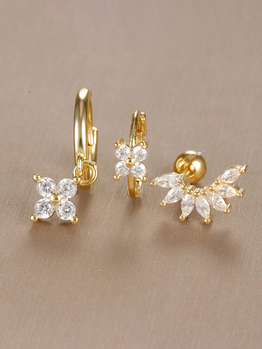 3PCS Stainless Steel Zirconia Flower Earring Set For Women, 18K Gold Plated Hypoallergenic Tragus Helix Hoops Ear Stud Cartilage Piercing Jewelry For Daily Ware - Gold-16 - View 1
