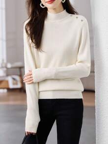 Women's Solid Color Turtleneck Pullover Sweater, Knit Long Sleeve Top For Autumn/Winter