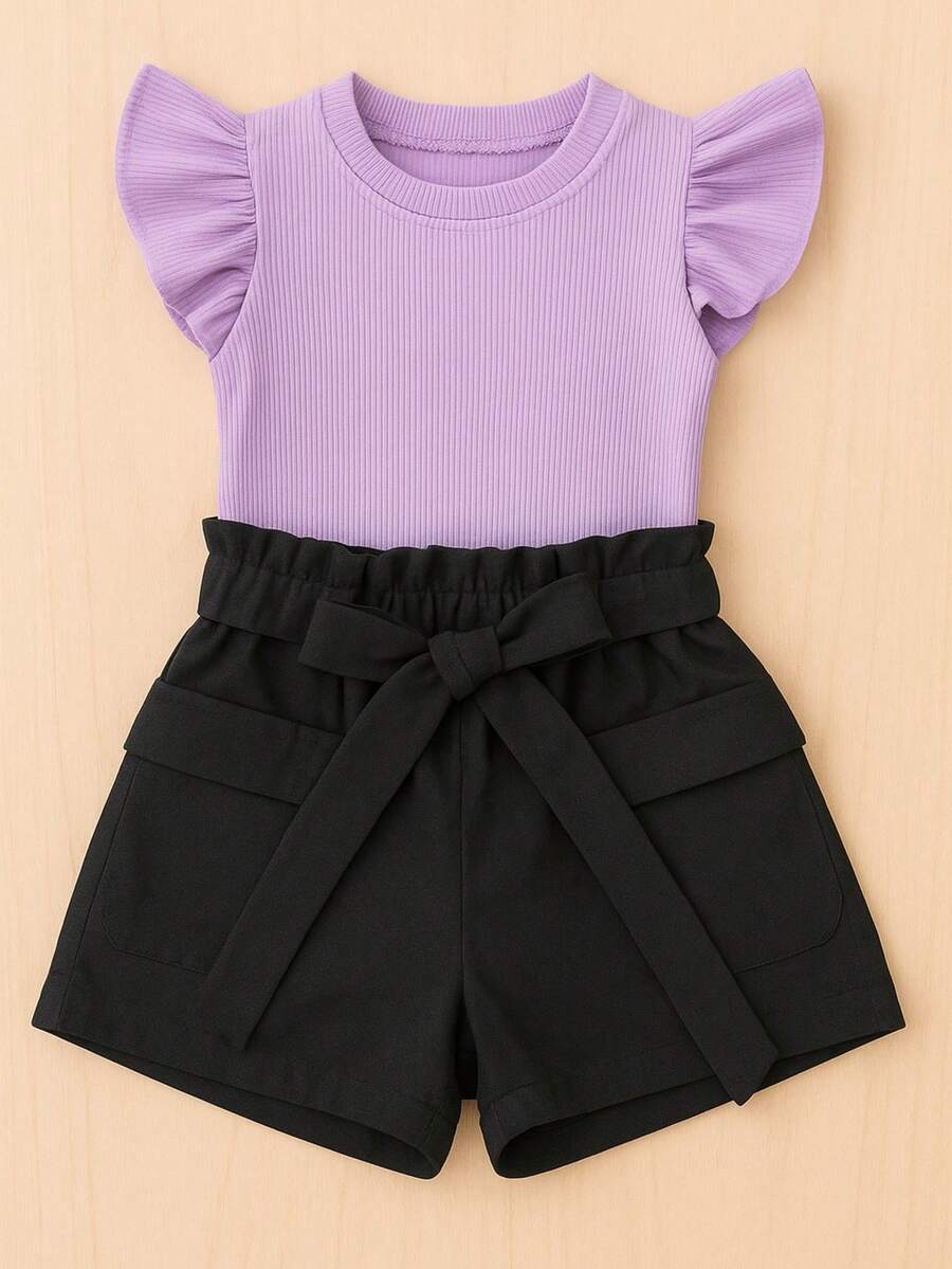 Conjunto Infantil Blusa Cropped Frufru + Shorts Linho Clochard Kit com 2 Peças Super Estiloso CJI033 - Preto e Lilás - Visão 1