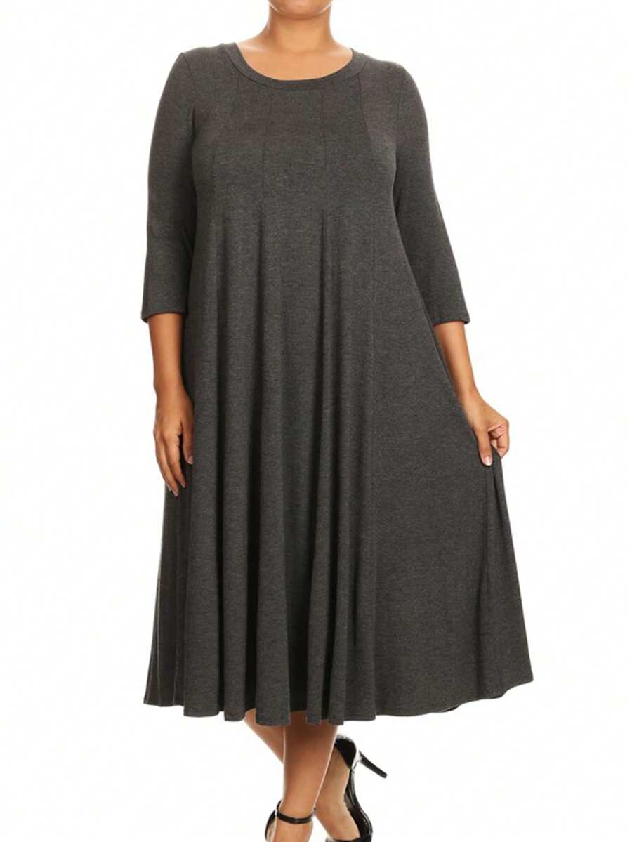 Plus Size Casual 3/4 Sleeves Basic A-Line Pleated Solid Midi Dress  Wedding - Charcoal - View 1