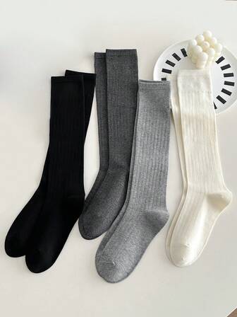 1双女士过膝袜，时尚百搭经典色简约大腿袜，舒适保暖