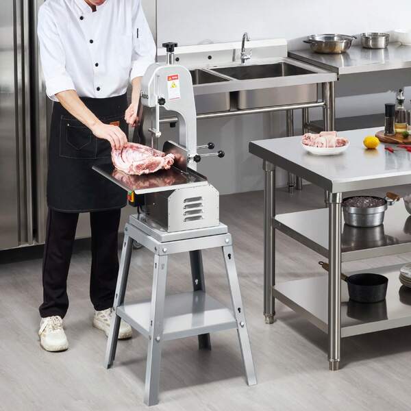 Electric Meat Saw, 850W Stainless Vertical Cutter, 380 X 485 Mm Workbench, 180 Mm Cutting Thickness, Includes 5 Blades For Slicing Frozen Meat, Pork, Beef, And Ribs