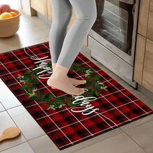 1 pièce Paillasson avec texte "Joyeuses Fêtes" et imprimé graphique, convient comme cadeau de Noël, décoration de Noël, en fausse laine, très absorbant et facile à nettoyer, idéal pour la décoration de la maison, le style campagnard, l'entrée, l'intérieur, la chambre, la cuisine, la salle à manger, le petit bureau/bureau à domicile, l'évier, la buanderie, le paillasson, le tapis de cuisine, tapis antidérapant - Multicolore - Voir 3