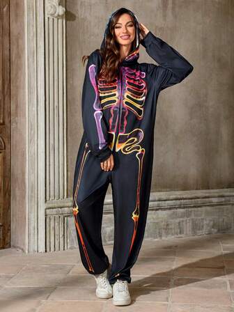 Halloween Colorful Skull Print Bodysuit With Hood, Costume Party Stage Performance Outfit Suitable For Masquerade, Halloween