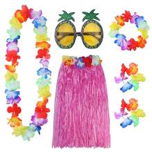 A Set Hula Outfits Hawaiian, Hawaiian Flower Skirts For Women Dress Outfits Tropical Grass Skirts Fortuning'S Costume For Beach Party Favors Halloween Cosplay,Grass Skirt Flower Accessories In Yellow, Green, And Rose Red.