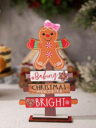 1Pc Christmas Festival Decorative Items, Wooden Gingerbread Man Pattern Ornaments, Suitable For Christmas Decor, Christmas Gifts, Living Room, Bedroom, Various Table Scene Decor, Festival Gifts