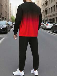 مجموعة ملابس نوم للرجال كبار الحجم 2 قطعة، طباعة تاج وبطاقة لعب قلب، ملابس منزلية كاجوال، ملابس علوية رقبة طاقم مع جيب وبنطلون طويل، مناسبة للربيع والخريف والشتاء