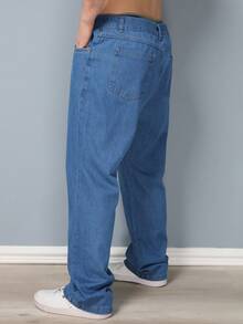 Men's Basic Wide Leg Jeans - 深色水洗藍 (11) - 查看 3