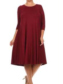 Plus Size Casual 3/4 Sleeves Basic A-Line Pleated Solid Midi Dress  Wedding - Burgundy - View 1