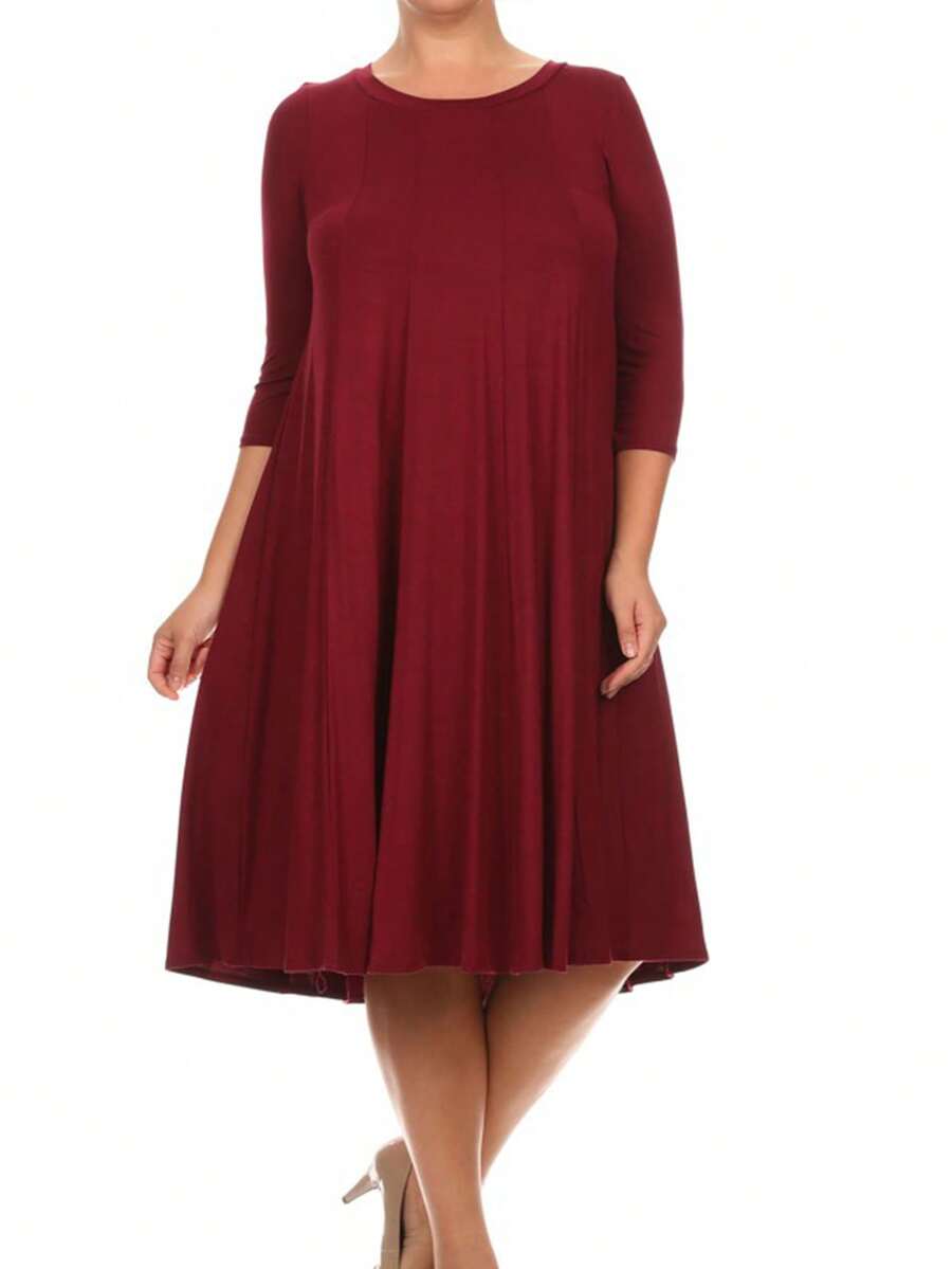 Plus Size Casual 3/4 Sleeves Basic A-Line Pleated Solid Midi Dress  Wedding - Burgundy - View 1